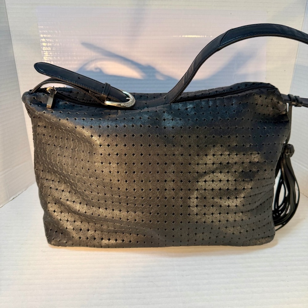 Stone Mountain Black Leather Perforated Crossbody Bag